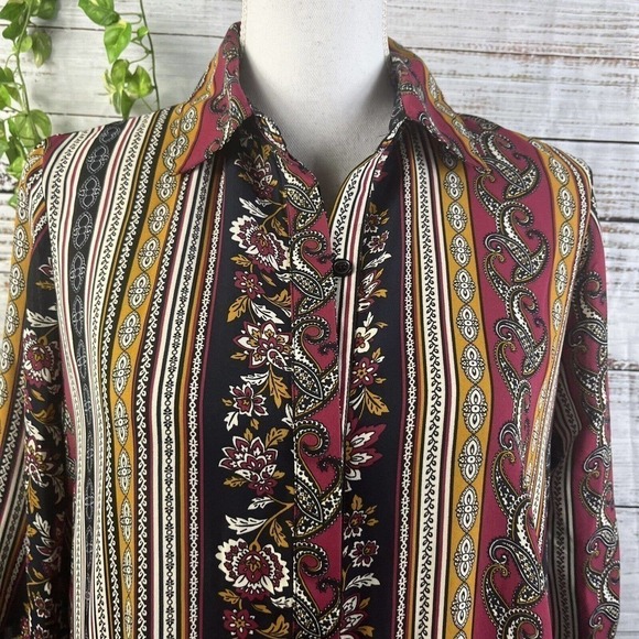Melissa Paige Blouse Tunic size Small Burgundy Gold Paisley Sheer Lagenlook Slim - Picture 5 of 12